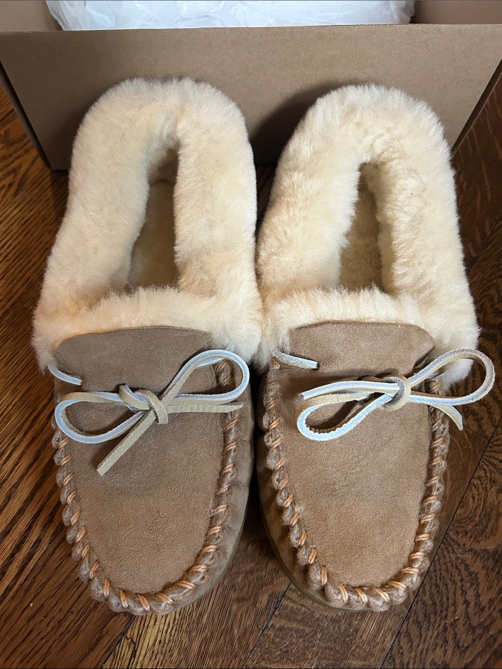 L.L. Bean Women's Shearling-Lined Moccasin Slippers - Tan & Cream